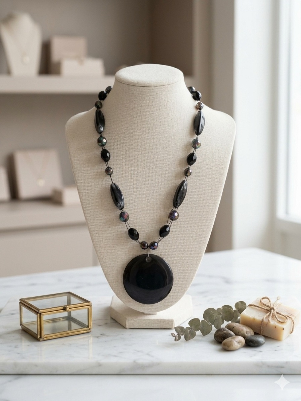 Vintage Chunky Black Beaded Statement Necklace with Large Disc Pendant